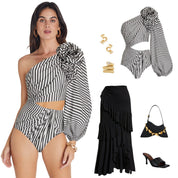 Sexy One Piece Swimsuit Women Pleated Ruffled Striped Swimsuit Bikini Mesh Maxi Dress