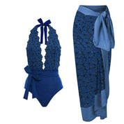 Women One Piece Swimming Bandage Women Tight Retro Printed Bikini Swimsuit Chiffon Skirt Set