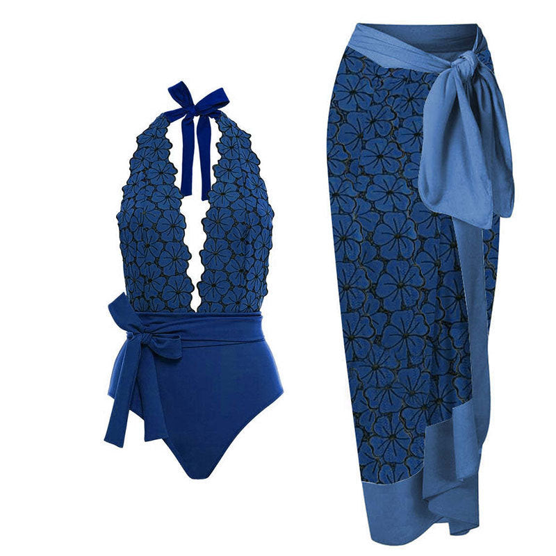 Women One Piece Swimming Bandage Women Tight Retro Printed Bikini Swimsuit Chiffon Skirt Set