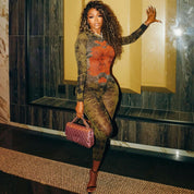 Summer Women Clothing Printed Sexy Mesh High Waist Slim Fit Zipper Long Sleeve Jumpsuit