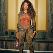 Summer Women Clothing Printed Sexy Mesh High Waist Slim Fit Zipper Long Sleeve Jumpsuit