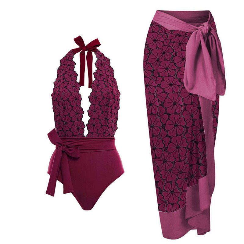 Women One Piece Swimming Bandage Women Tight Retro Printed Bikini Swimsuit Chiffon Skirt Set