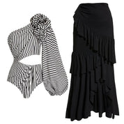 Sexy One Piece Swimsuit Women Pleated Ruffled Striped Swimsuit Bikini Mesh Maxi Dress