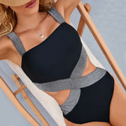 Colorblock One Piece Swimsuit Women Sexy Hollow Out Backless