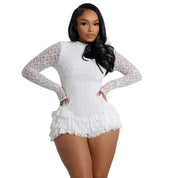 Women Clothing Sexy Lace Long Sleeve Shorts Wooden Ear Backless Jumpsuit