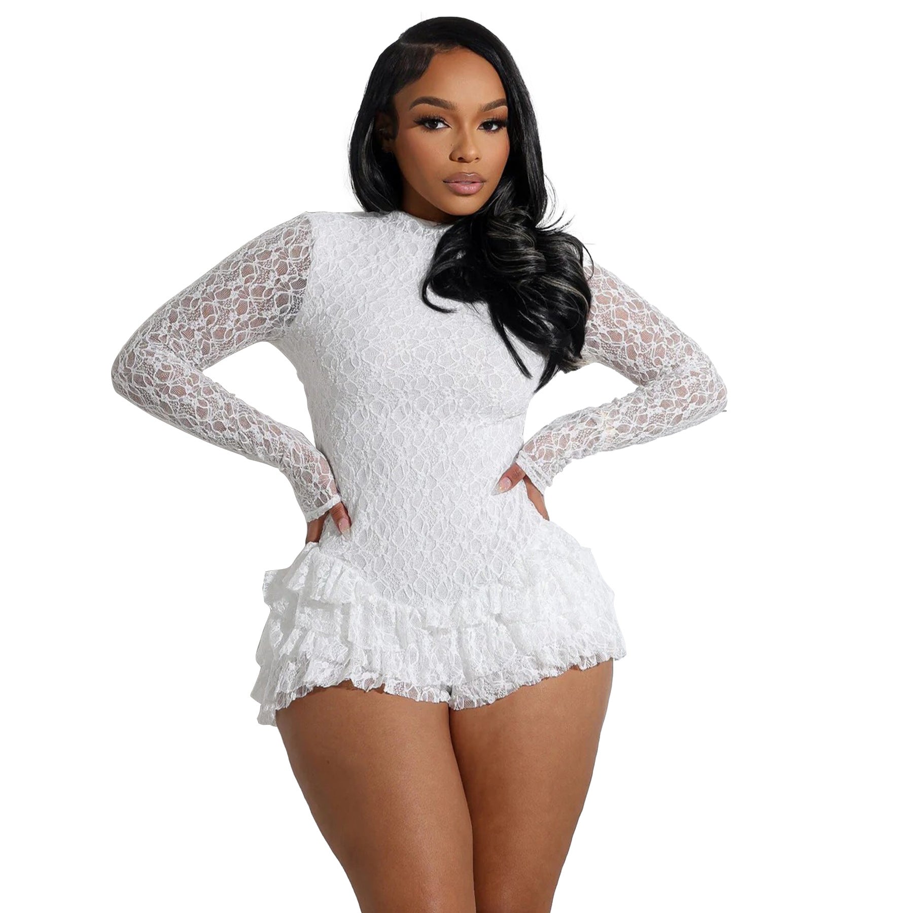 Women Clothing Sexy Lace Long Sleeve Shorts Wooden Ear Backless Jumpsuit