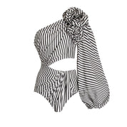 Sexy One Piece Swimsuit Women Pleated Ruffled Striped Swimsuit Bikini Mesh Maxi Dress