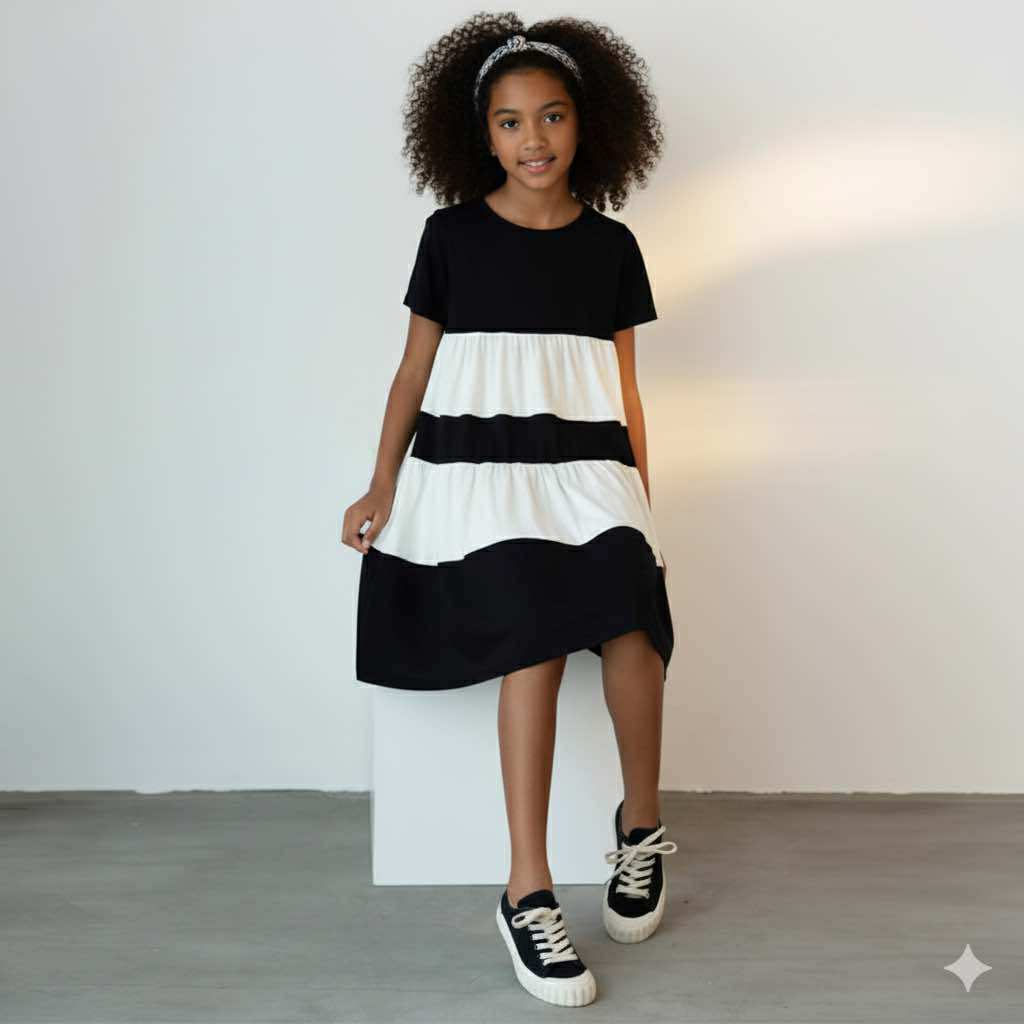 Black and White Stripped Knitted Loose Dress