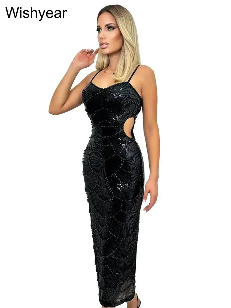 Sequin Hollow Out Spaghetti Strap Backless Mermaid Maxi Dress