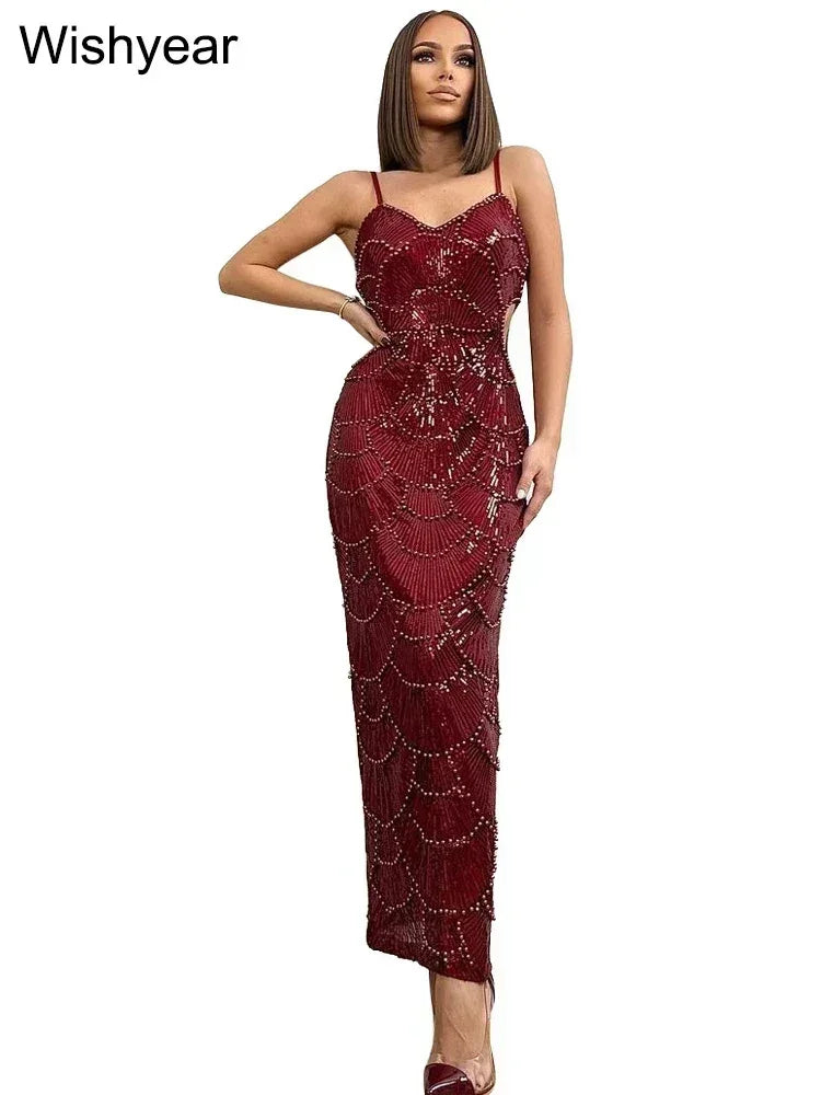 Sequin Hollow Out Spaghetti Strap Backless Mermaid Maxi Dress