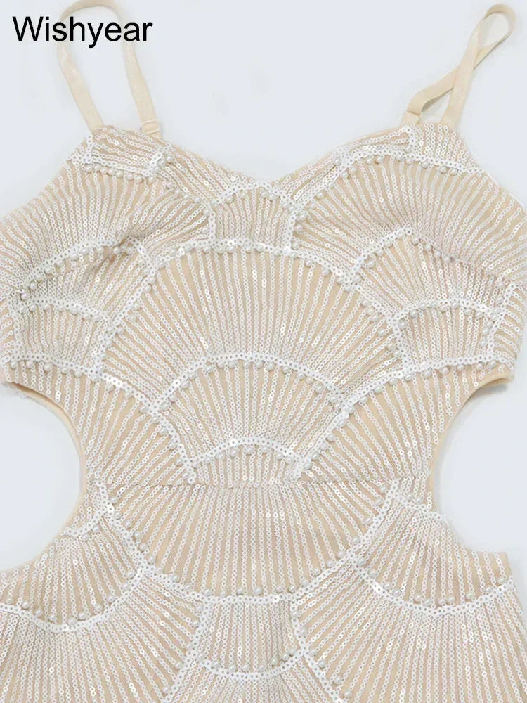 Sequin Hollow Out Spaghetti Strap Backless Mermaid Maxi Dress