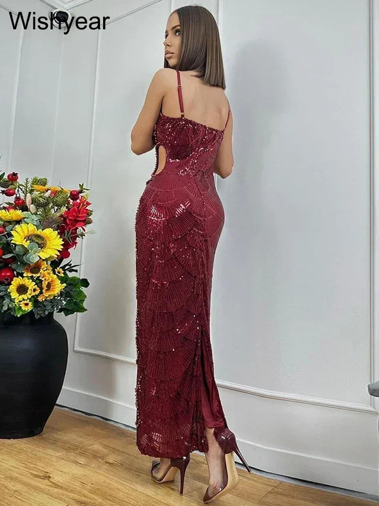 Sequin Hollow Out Spaghetti Strap Backless Mermaid Maxi Dress