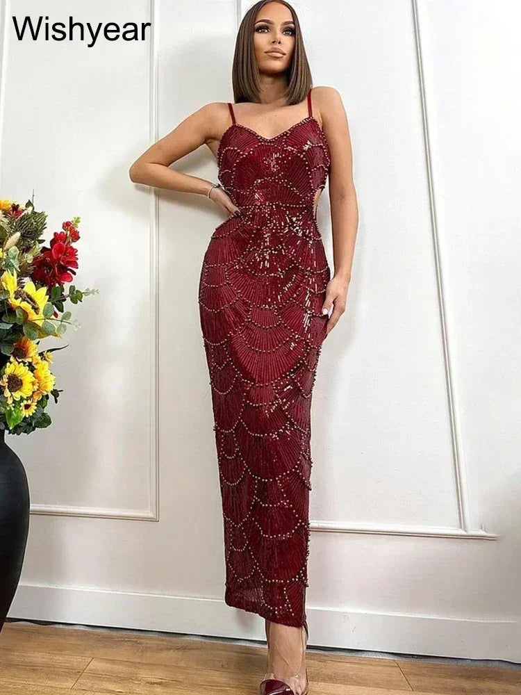 Sequin Hollow Out Spaghetti Strap Backless Mermaid Maxi Dress