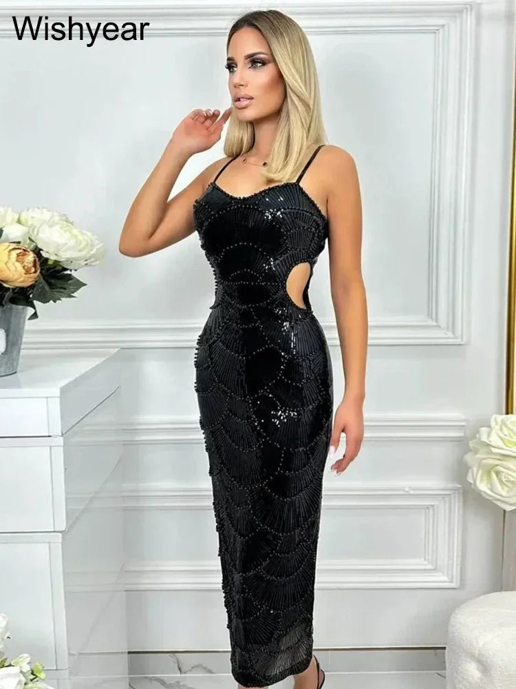 Sequin Hollow Out Spaghetti Strap Backless Mermaid Maxi Dress