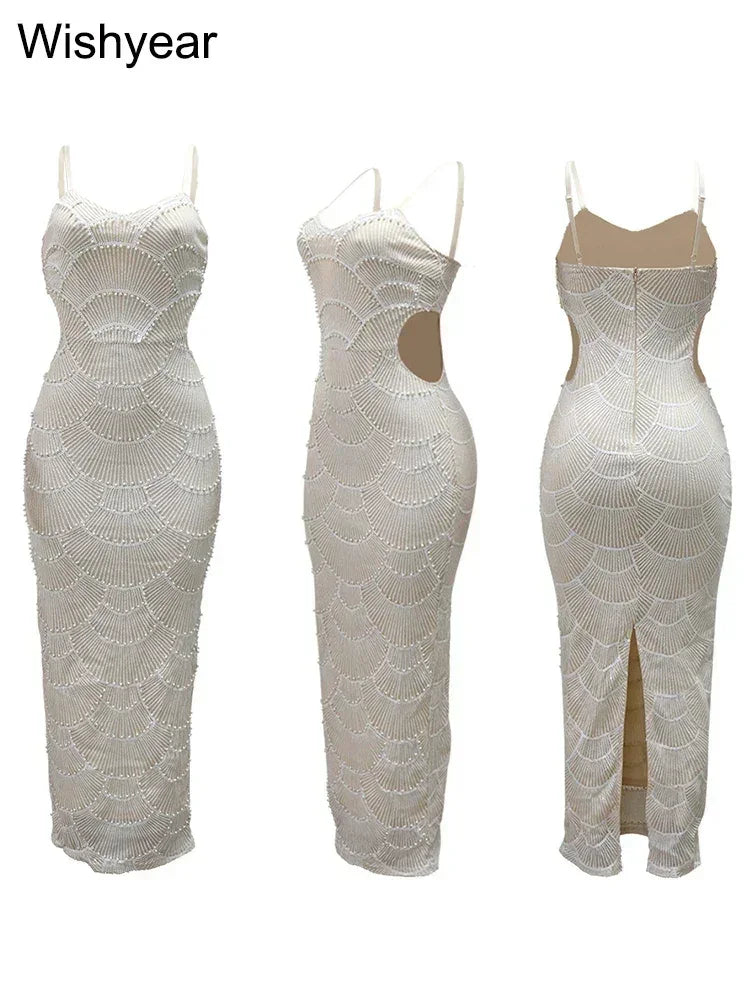 Sequin Hollow Out Spaghetti Strap Backless Mermaid Maxi Dress