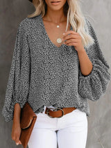 Printed V-Neck Long Sleeve Blouse