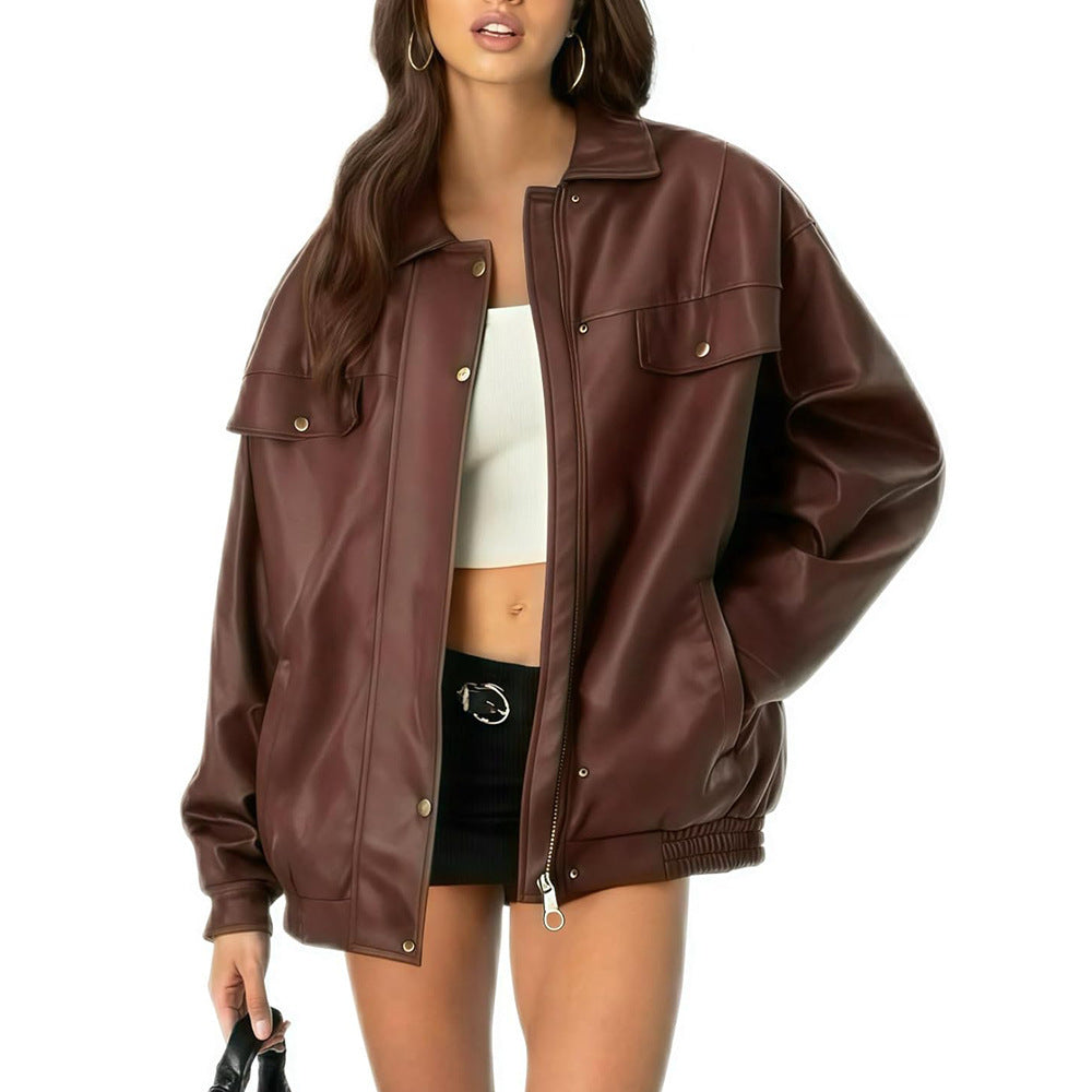 Leather Jacket Loose Long Sleeve Lapel Motorcycle Jacket