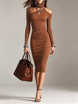 Cold-Shoulder Turtleneck Ribbed Knit Dress