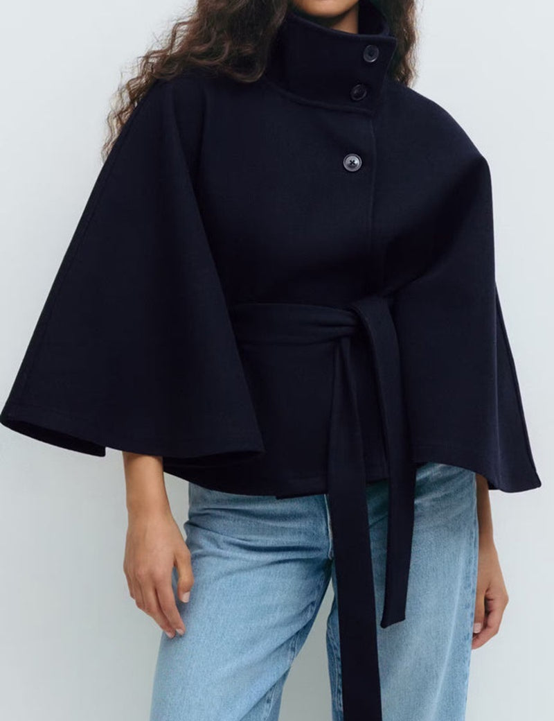 Elegant High Neck Batwing Sleeve Coat With Belt