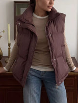 Snap-Button Placket Quilted Puffer Vest Coat
