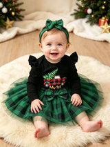 Children's Christmas Themed Top and Plaid Tutu Skirt Set with Headband