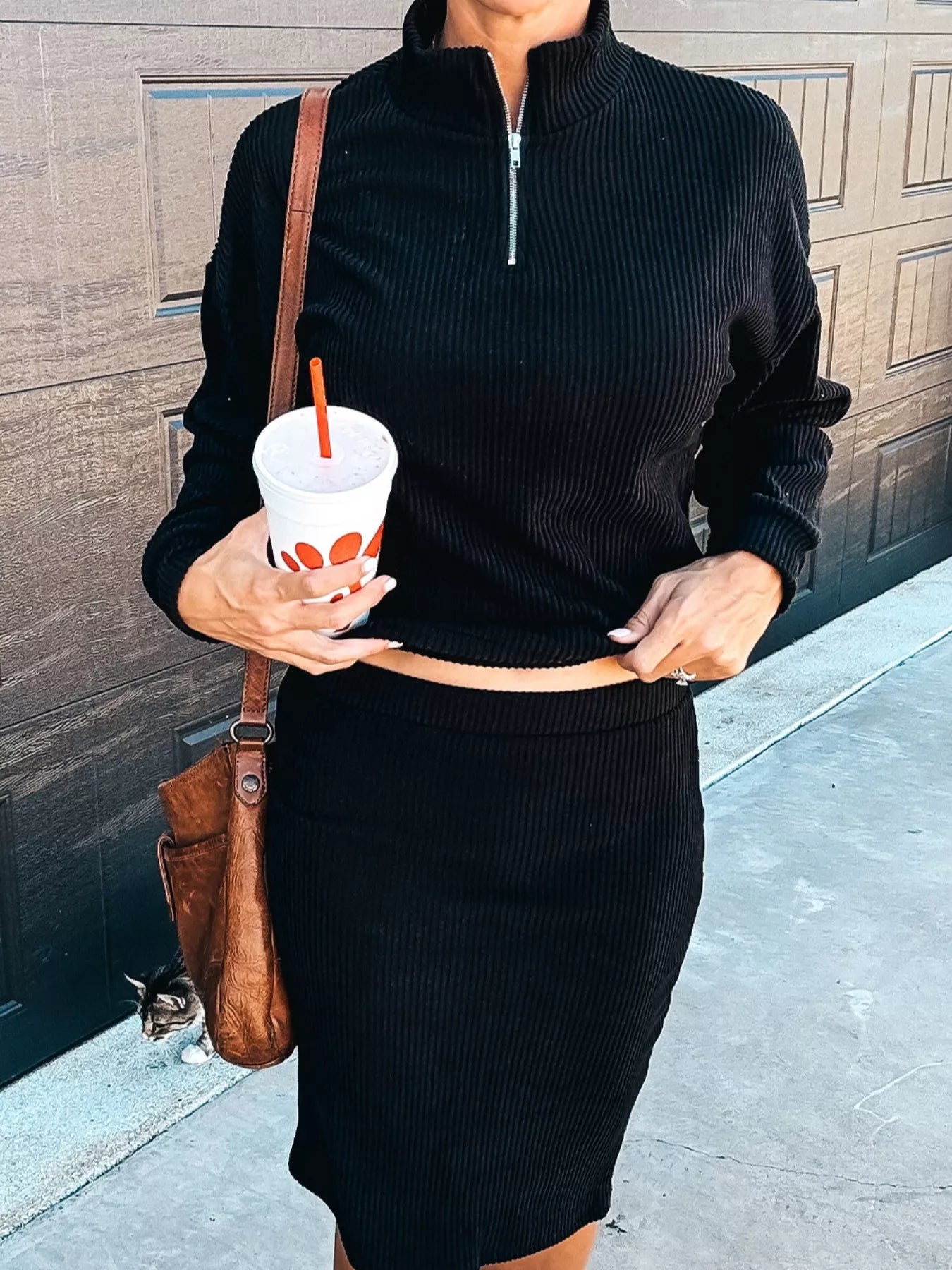 Ribbed Knit Quarter-Zip Top and Skirt Set