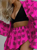 Geometric Cat Print Cardigan and Shorts Lounge Set