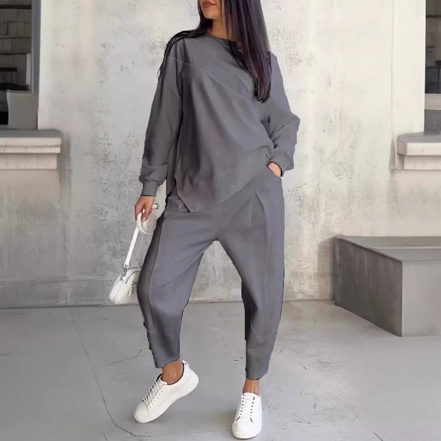 Round Neck Loose And Irregular Long-sleeve Sweater Set