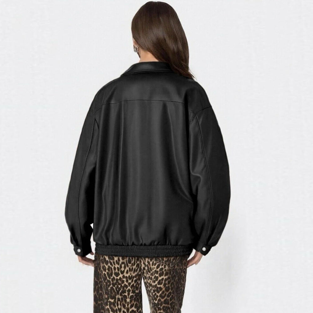 Leather Jacket Loose Long Sleeve Lapel Motorcycle Jacket