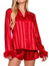 Striped Feather Trim Shirt and Shorts Lounge Set