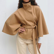 Elegant High Neck Batwing Sleeve Coat With Belt