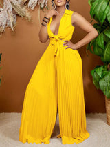 Full Size Tie Front Pleated Wide Leg Jumpsuit Plus Size