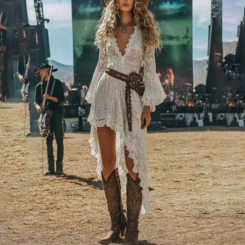 Bohemian Style  Deep V-Neck Long Sleeve Lace Dress