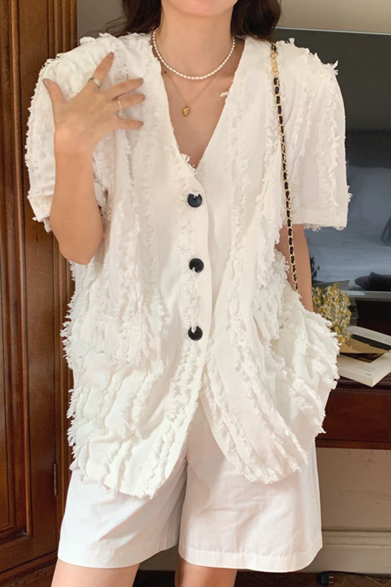 Fringed Loose Short Sleeve Jacket Top