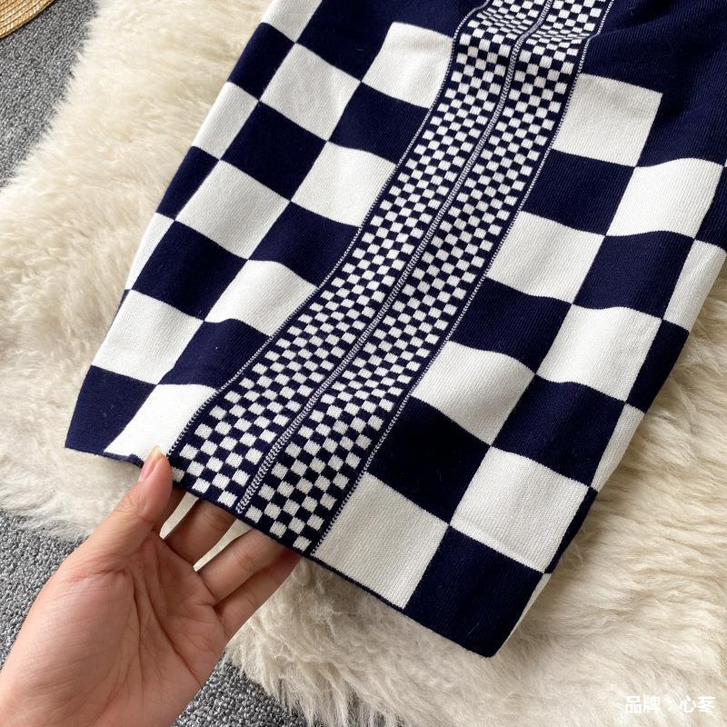 Checkered Pinched Navy and White Dress