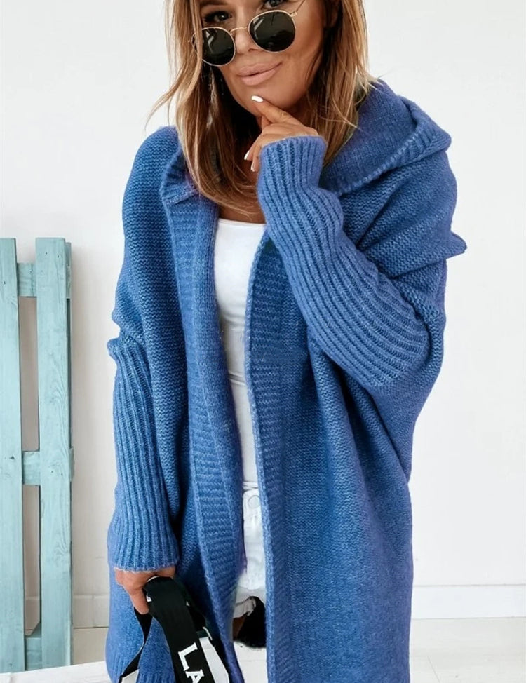 Knitted Hooded Cardigan With Batwing Sleeve