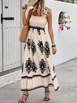 Smocked Printed Wide Strap Maxi Dress