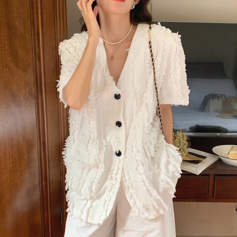 Fringed Loose Short Sleeve Jacket Top