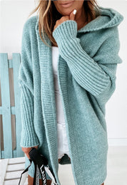 Knitted Hooded Cardigan With Batwing Sleeve