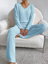 Ribbed Knit V-Neck Top and Pants Set
