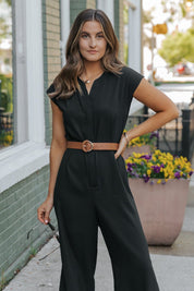 Black Short Sleeve Belted Jumpsuit
