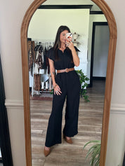 Black Short Sleeve Belted Jumpsuit