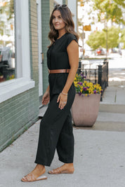 Black Short Sleeve Belted Jumpsuit