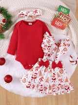 Children's Christmas Ribbed Bodysuit and Santa Print Suspender Skirt Set with Headband