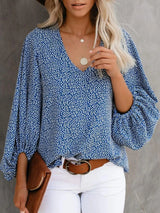 Printed V-Neck Long Sleeve Blouse