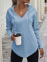 Drawstring Waffle Knit Long Sleeve Hooded Top