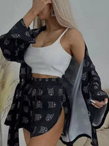 Geometric Cat Print Cardigan and Shorts Lounge Set