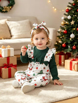 Children's Christmas Santa Print Ruffle Trim Jumpsuit Set with Headband