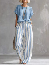 Full Size Short Sleeve Top and Wide Leg Pants Set Plus Size