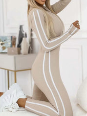 Full Size Stripe Zip-Front Long Sleeve Jumpsuit Plus Size